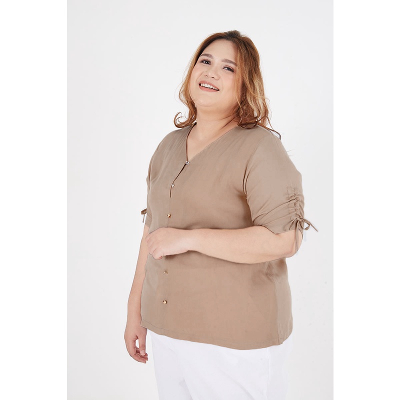 Sorabel - Carif Plain Drawstring Blouse Big Size / Blouse Wanita V Neck Jumbo Lengan 3/4-1