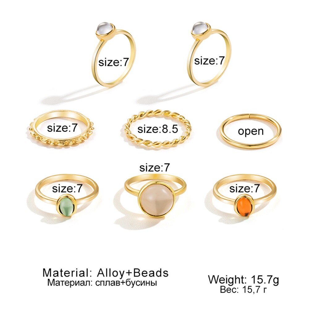 8 Pcs / Set Perhiasan Cincin Rantai Geometris Batu Metalik Warna-Warni Gaya Vintage Untuk Wanita