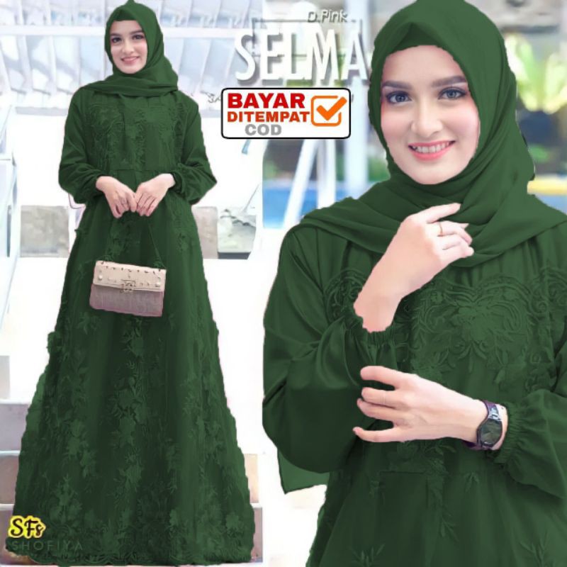 Size L XL XXL / Gamis Muslim Farasya / Maxi Brukat Selma Tulle Premium Jumbo Murah Brokat Navy Marun-Hijau Botol