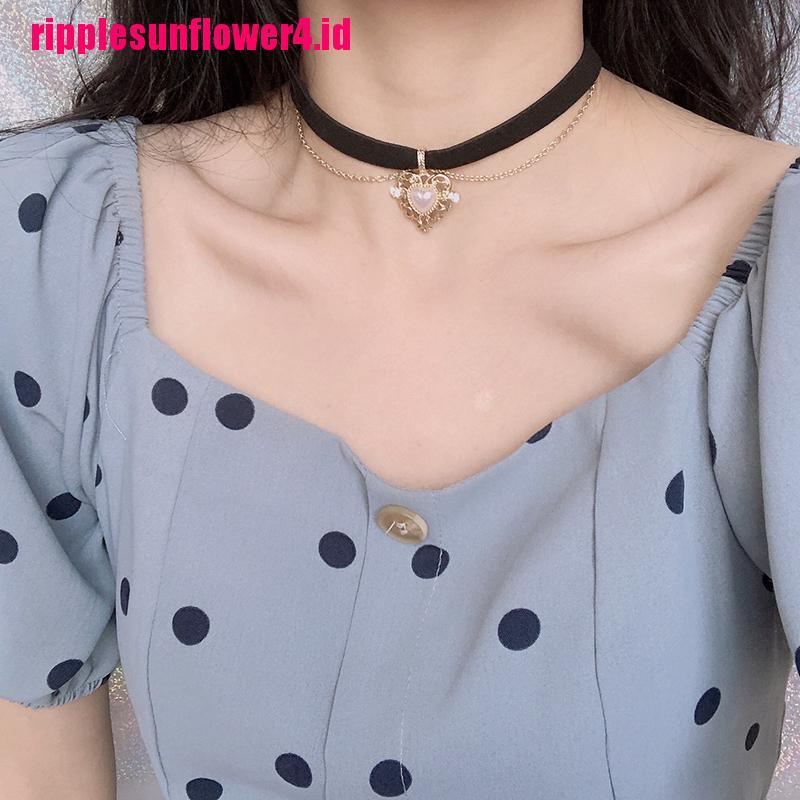 Kalung Choker Velvet Hitam Bandul Hati Vintage Untuk Wanita