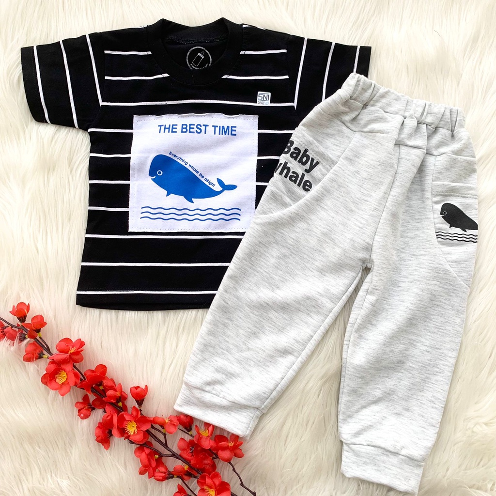 Baju setelan kaos celana jogger gambar paus pergi jalan fashion anak bayi cowok laki murah -fre