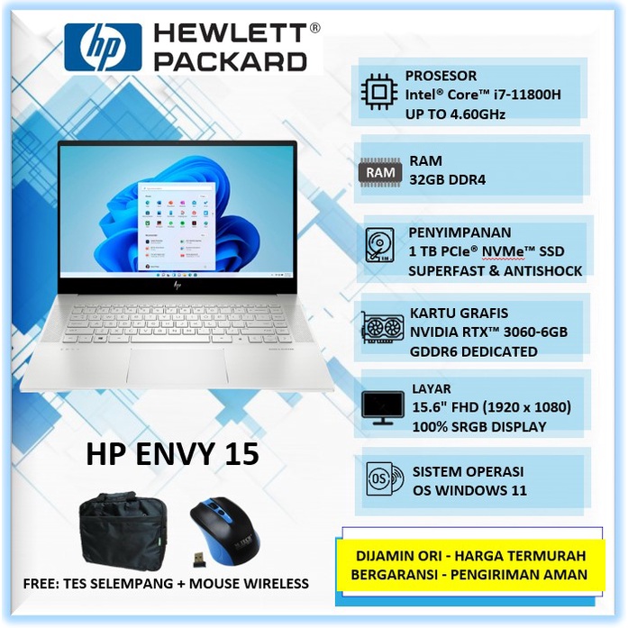 Laptop Touchscreen HP ENVY 15 Intel Core i7 11800H 32GB 1TB RTX3060 Win11pro Silver