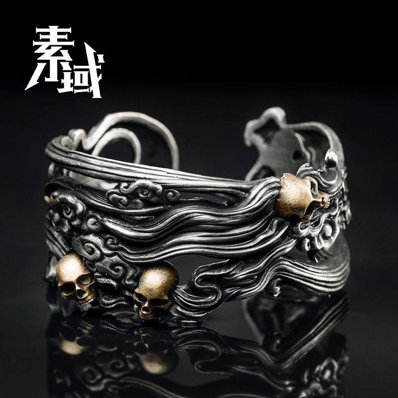 ▼✟✥Suyu tengkorak terbuka gelang S999 perak murni asli buatan tangan gothic kepribadian trendi pria