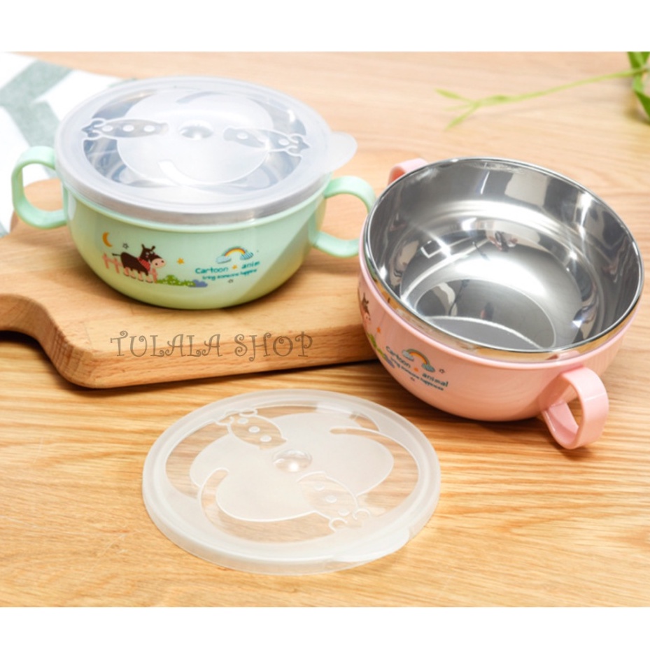 [TULALA SHOP]Kids Feeding Bowl Stainless Steel Spoon Mangkuk Bubur Makan Sup Sendok Karakter Bayi Anak/Set Mangkuk Sup Bahan Stainless Steel Anti Jatuh Dan Anti Panas Dengan Tutup Telinga Ganda Untuk Anak