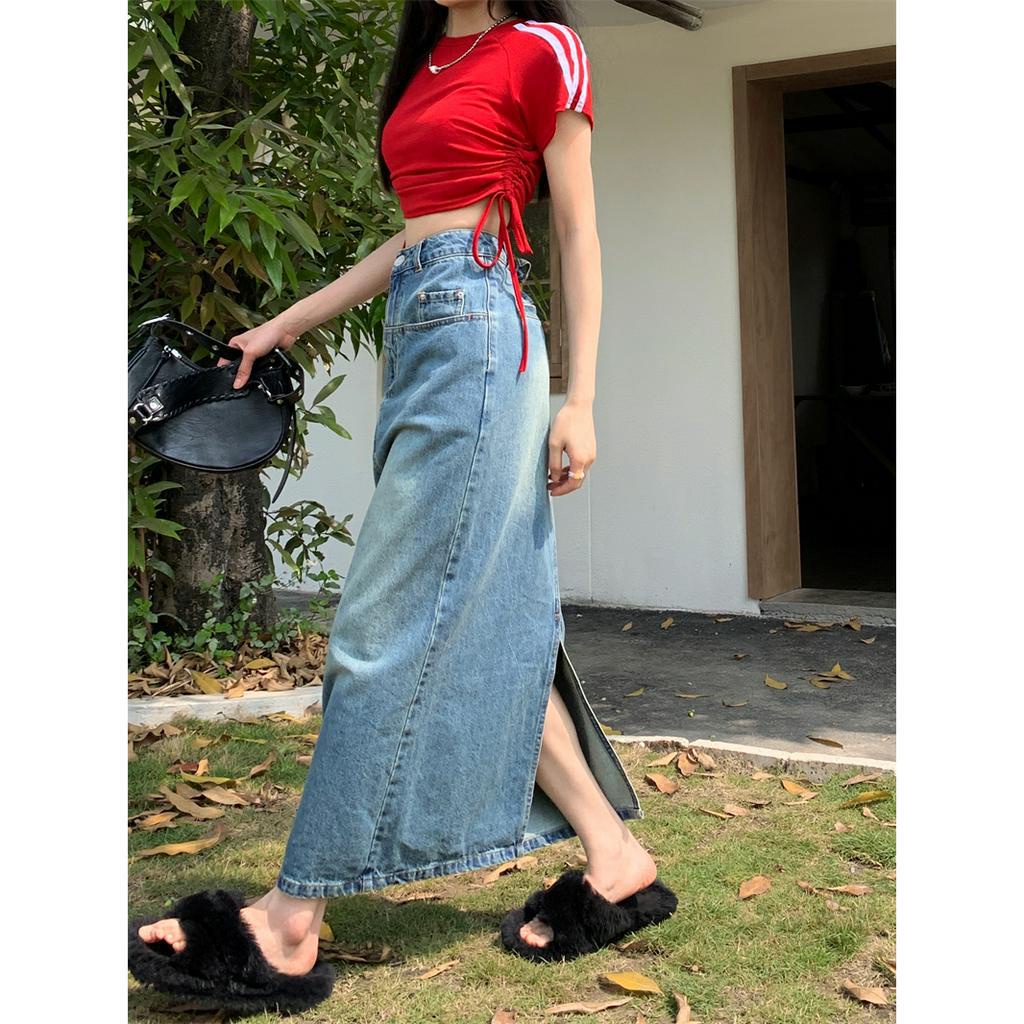 rok denim highwaist vintage washed rok a-line premium korean style rok vintage panjang