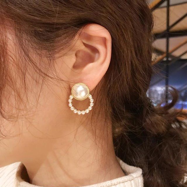 Anting Tusuk Gold Geometric Circle Pearl Earrings Sterling (Takota 035)