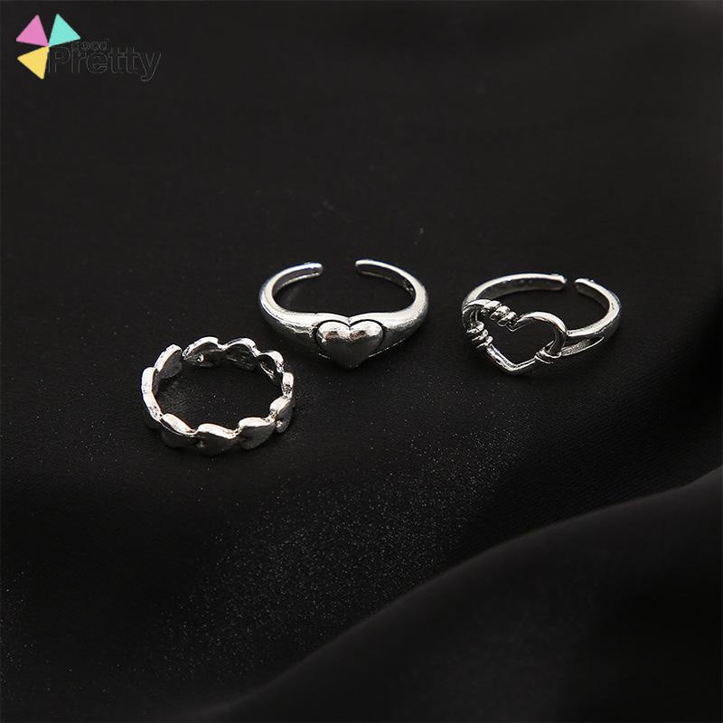 3pcs Cincin set korea Model Terbuka Desain Gelombang Hati Warna Silver Gaya Vintage Untuk Wanita - PD