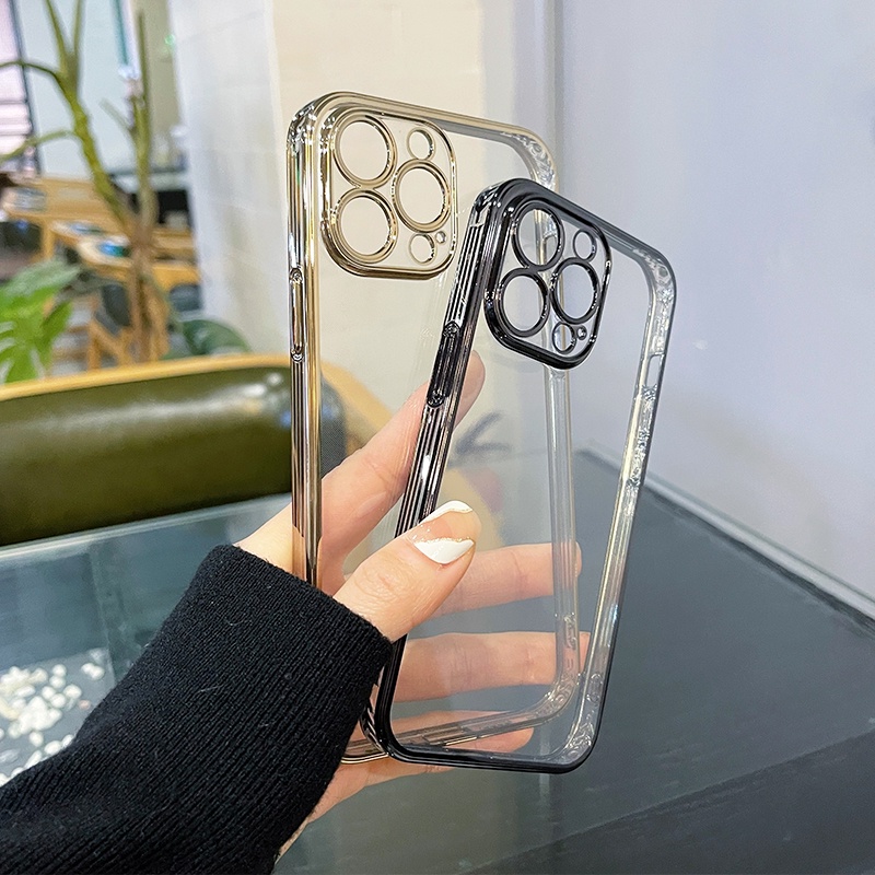 【Sierra Blue】Luxury Plating Square Frame Soft Silicone Case for iPhone 11 12 13 Pro Max XR X XS MAX Transparent Cover