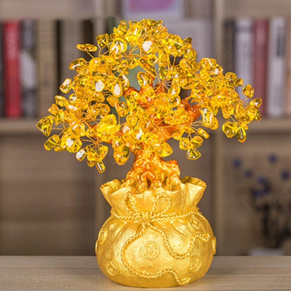 【 ELEGANT 】 Pohon Uang Kristal Kuning Miniatur Alami Patung Feng Shui Gaya Bonsai Dekorasi Kerajinan