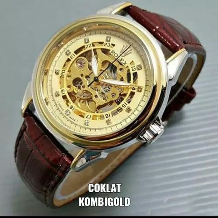 Cs20V1Vs Jam Tangan Rolex Skeleton Automatic Kulit - Coklat Putih, Box Kardus Cs20V1Sv