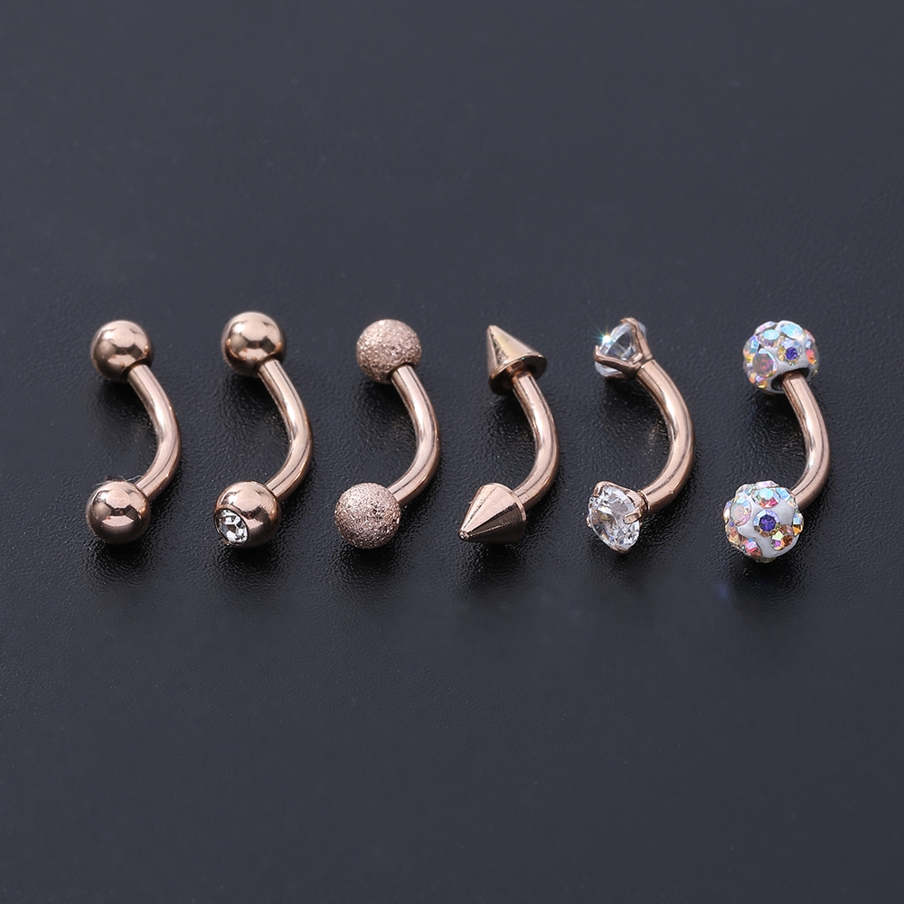 6pcs / Set Anting Tindik Alis Bahan Stainless Steel Warna Rose Gold Hias Berlian Imitasi