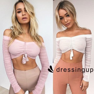 Blus Crop  Top  Wanita Lengan  Panjang  Model  Bandage Off 