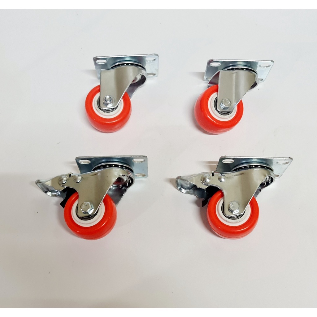 Roda kecil 1,5 inch tinggi 6 cm pu merah taiwan (2putar+rem 2putar)