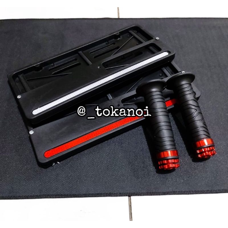 Paket Variasi Motor Handgrip Jalu ring+Dudukan Plat Nomor Honda List Warna merah putih