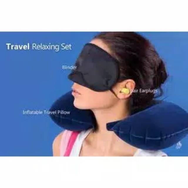 Travel pillow bantal leher udara penutup mata telinga untuk jalan 1set