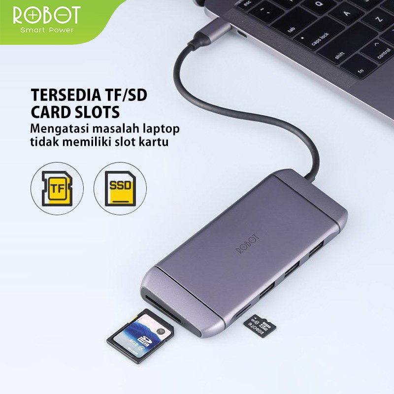 ROBOT HT490 9 in 1 USB C Hub Adapter With RJ45 HDMI 4K VGA 1080P PD 100W USB 3.0 SD/TF Card