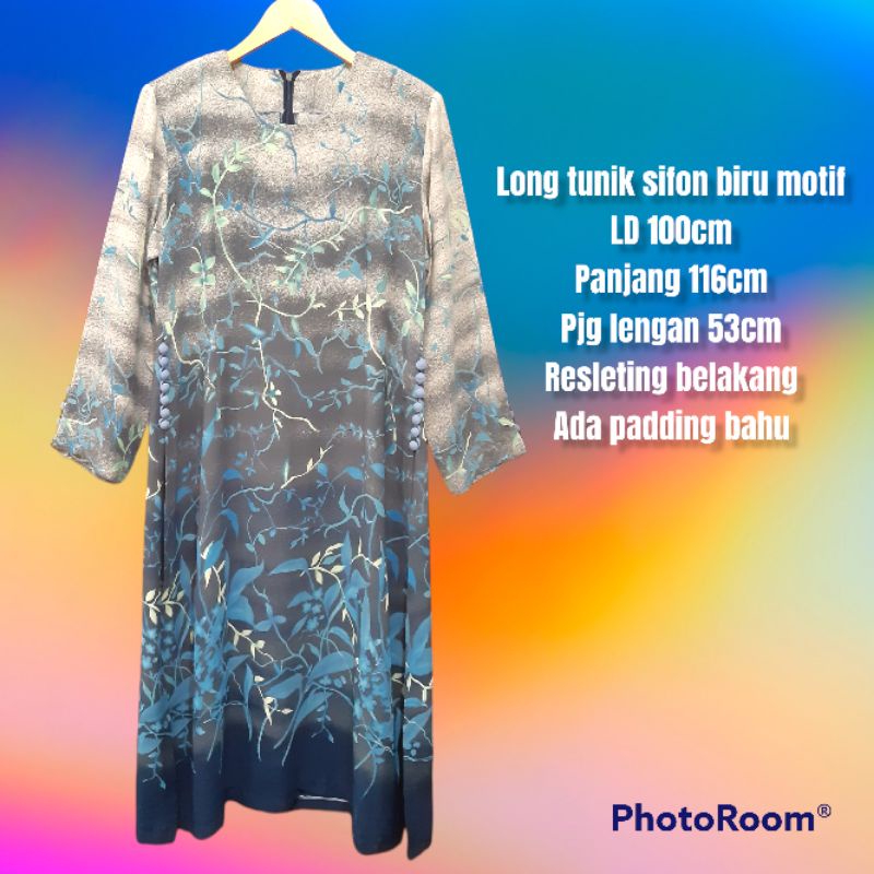 Long tunik wanita sifon biru motif