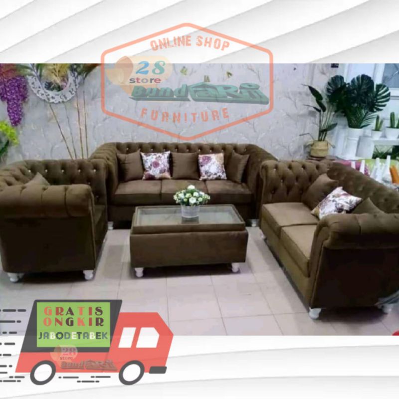 Sofa chesterfield mewah plus meja 321 minimalis