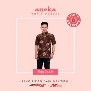 HEM KEMEJA ATASAN BAJU  BATIK  PRIA  COWOK MOTIF DAUN LENGAN 