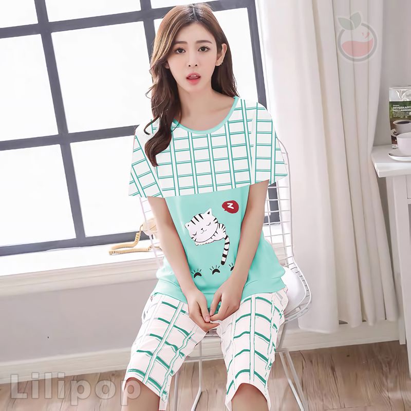SUNCHERY COD BAJU TIDUR 3/4 ALL SIZE/BABYDOLL KEKINIAN MURAH/SLEEPWEAR WANITA-KOTAK CAT TOSCA