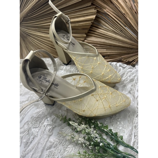 sepatu wanita wedding Laima tali gold 9cm tahu