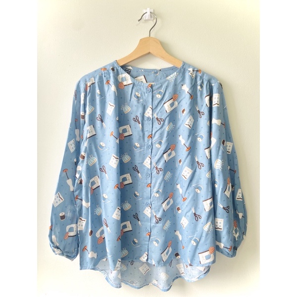 Blouse Wanita Motif Bunga Lengan Panjang Kerut Kancing Depan-Variasi 17