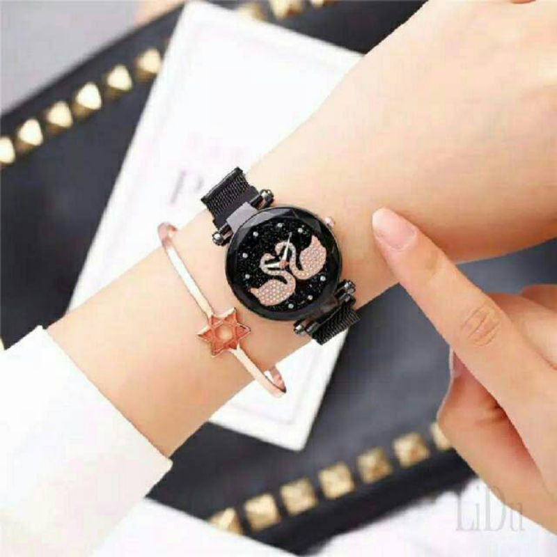 (Grosir)Jam Tangan Wanita Angsa 2 Strap Magnet(Terima Cod)