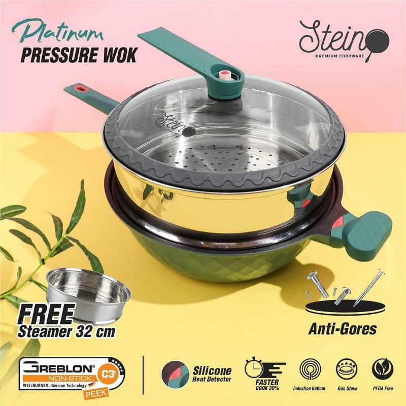 PLATINUM WOK PAN STEIN  SEMI PRESTO free STEAMER 32cm  FREE BUBBLEWRAP