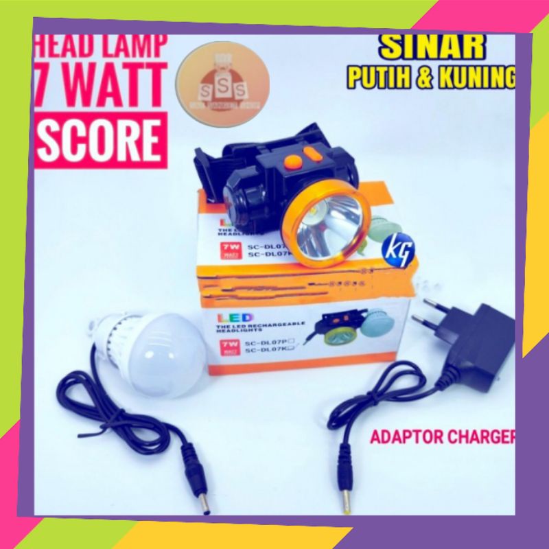lampu senter kepala led 7wat+, bonus lampu led kuning
