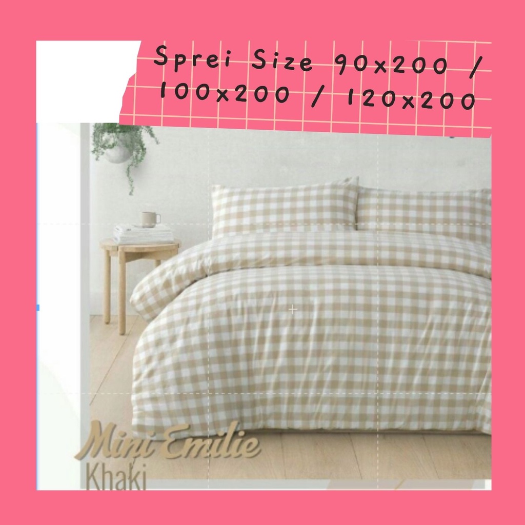 sprei set single bahan Katun EL-BHE Motif Emily KHAKI Kotak DOUBLE EXTRA ( tanpa bedcover )