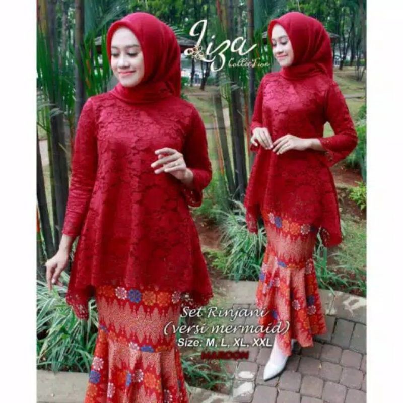 IndahKebaya | SET KEBAYA RINJANI BROKAT MIX ROK BATIK / BISA COUPLE / KEKINIAN /MAROON / NAVY / GOLD