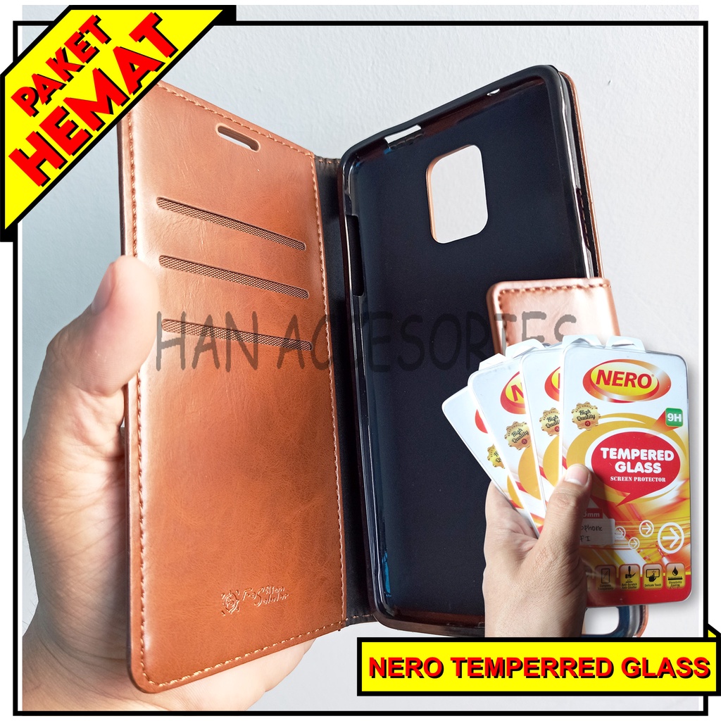 (PAKET HEMAT) Fashion Selular Flip Leather Case Samsung Galaxy NOTE 3 Flip Cover Wallet Case Flip Case + Nero Temperred Glass
