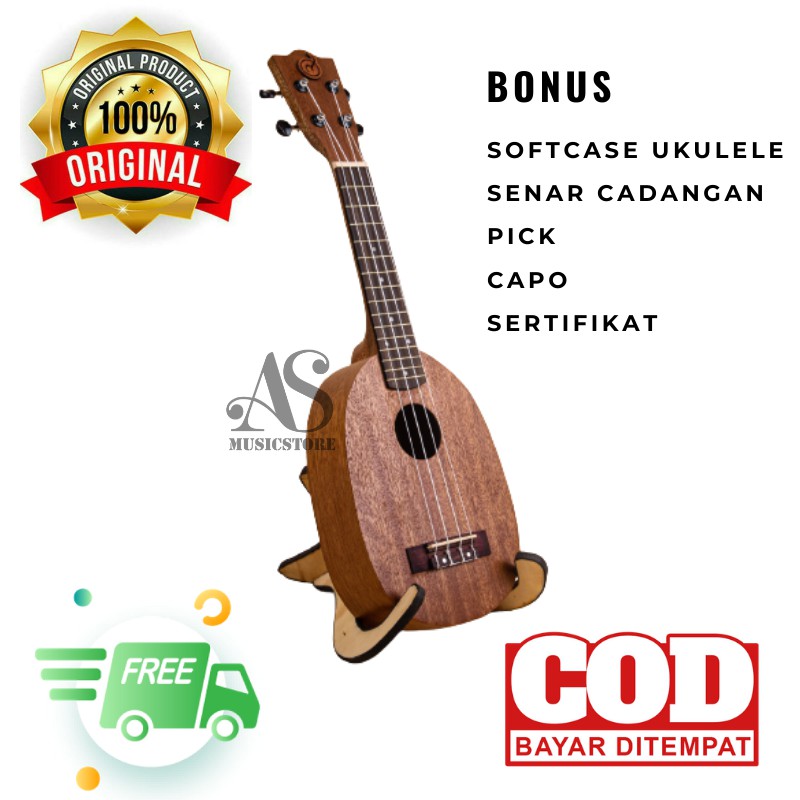 Ukulele Soprano Mandalika Model Pineapple Nanas Coklat Tua Bonus Tas, Senar, Pick