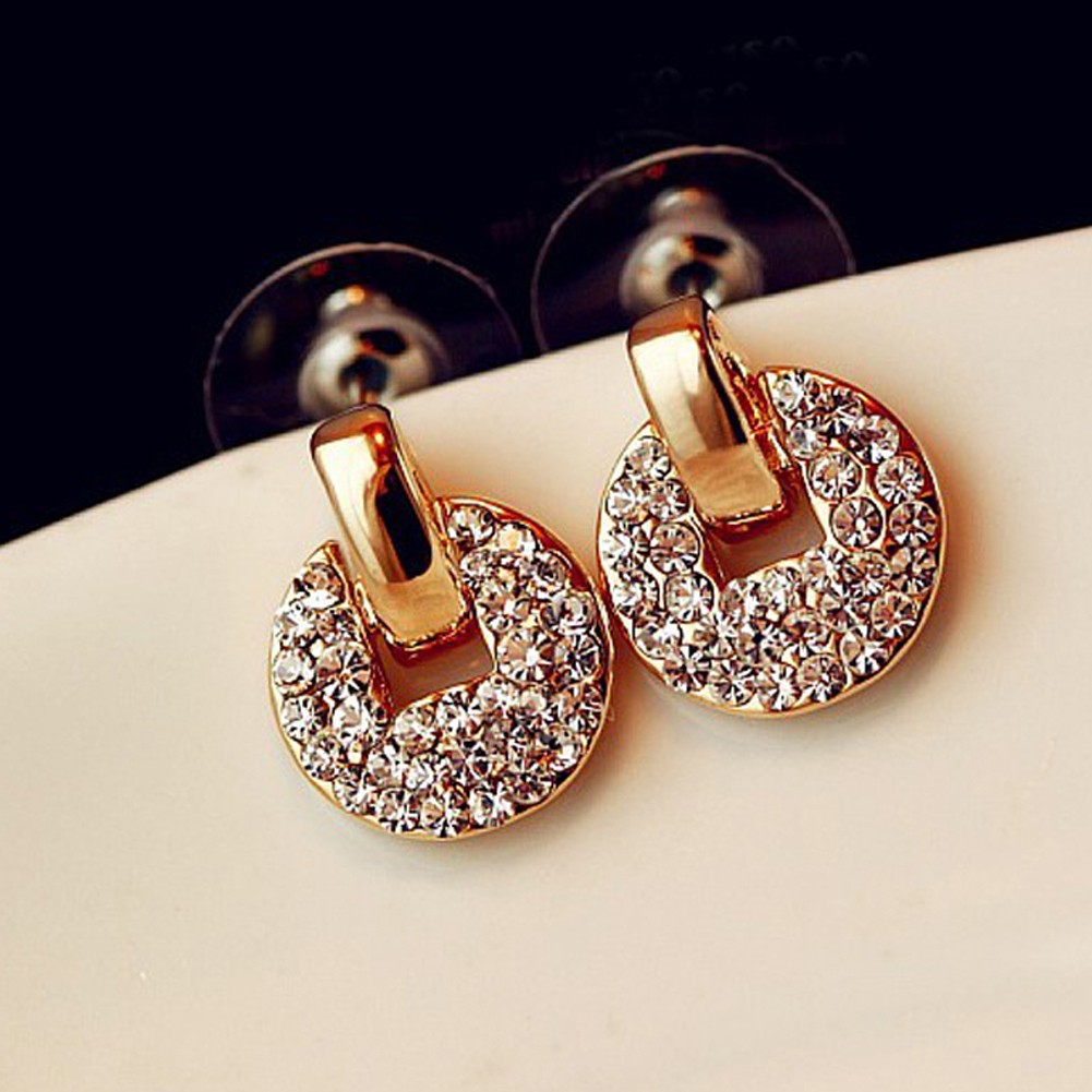 Anting Tusuk Gantung Bentuk Bulat Elegan dengan Berlian Imitasi Inlaid