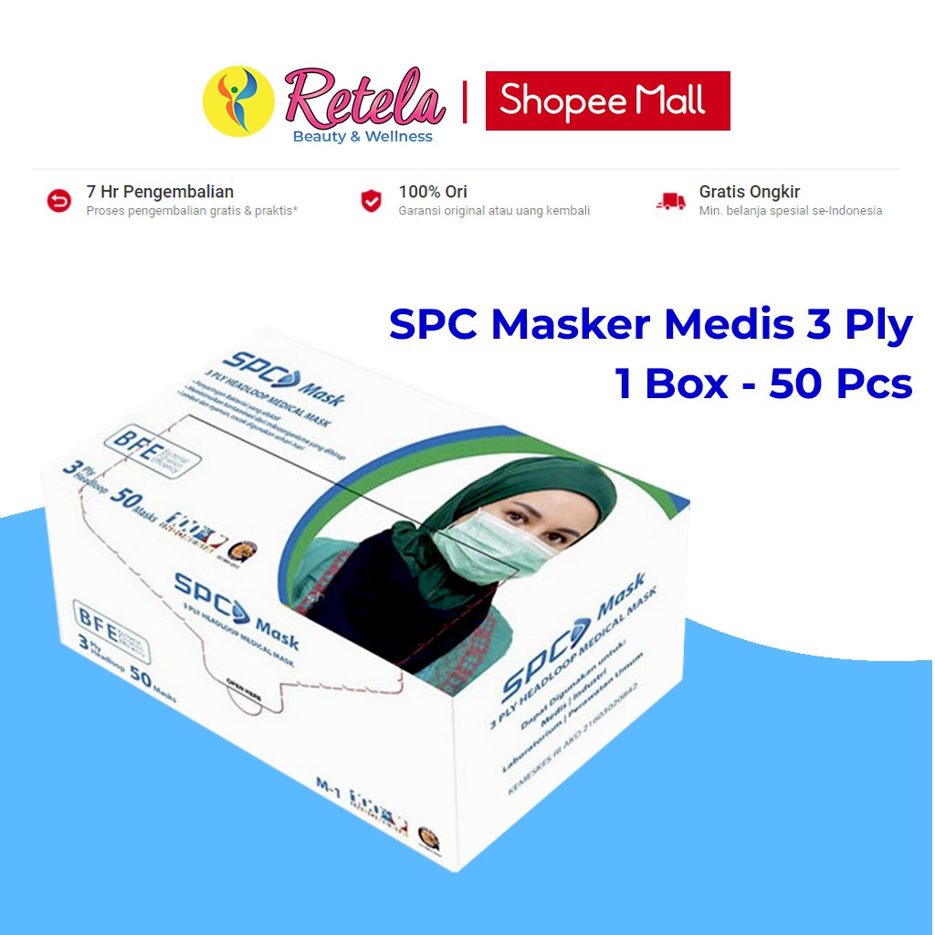SPC Masker Medis 3 Ply Headloop 1 Box isi 50 Pcs / Masker Hijab