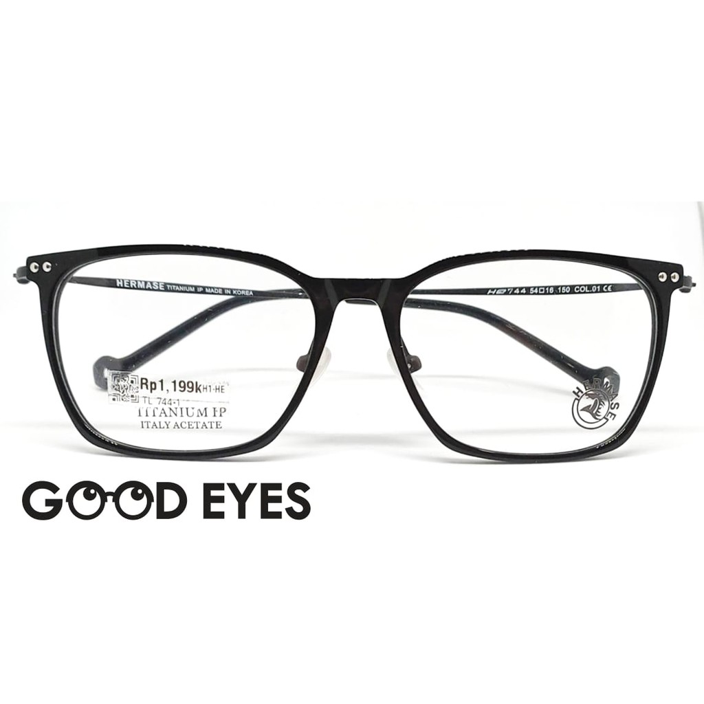 Good Eyes Hermase 744-1 (Titanium Acetate) Black Kacamata Unisex FREE Lensa Anti Radiasi
