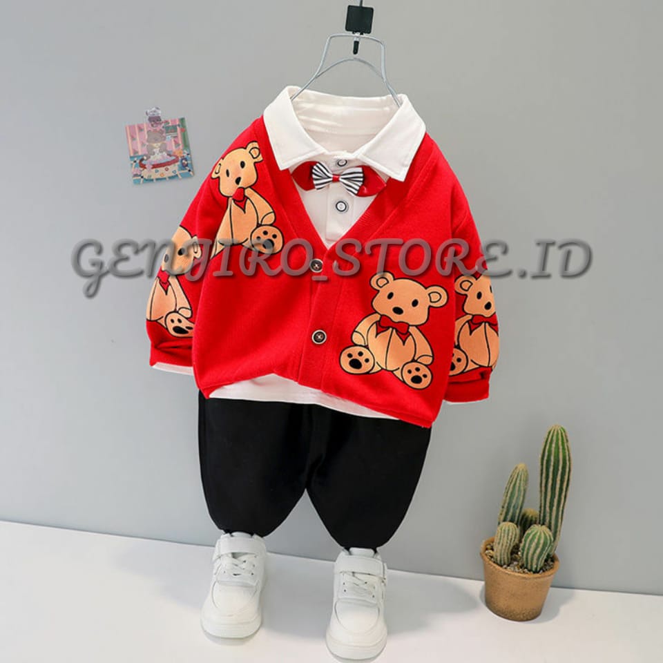 SETELAN ANAK LAKI LAKI/SWEATER ANAK/ SWEATER MOTIF SABLON BEAR/ LENGAN PANJANG ADA DALAM OBLONG LENGAN PENDEK ADA CELANA PANJANG/3 IN 1 /UNTUK ANAK USIA 2 TAHUN - 8 TAHUN/BISA COD