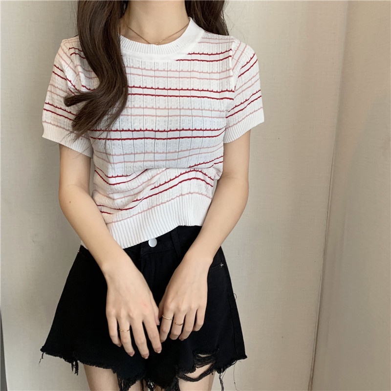 Kaos Rajut Lengan Pendek Wanita Knit T-shirt Baju Atasan Putih Korean Style