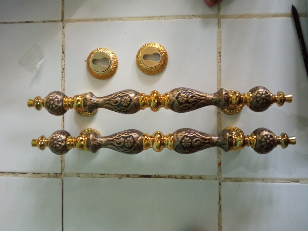 2 Pcs Handle Pintu Kuningan Ukir Antik Gold