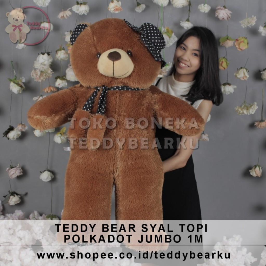 TERMURAH! BONEKA BERUANG TEDDY BEAR TOPI SYAL POLKADOT JUMBO 1 METER LUCU SUPER BESAR