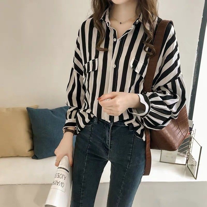 Kemeja Wanita Lengan Panjang Cassual Oversize Jumbo Motif Stripe Ada Kantong Import Murah BestSeller-1