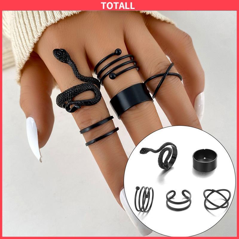 COD 5PCS kreatif ms. Jane cincin wanita menggabungkan cincin ular hitam geometri-Totall