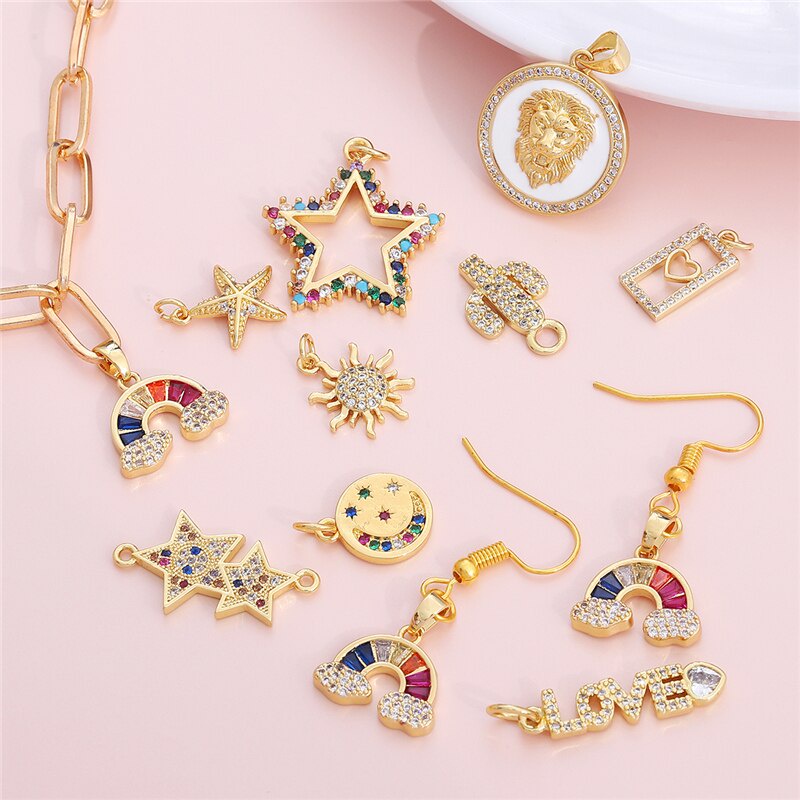 1Pc 7-24mm Gold Plated Zircon Brass Sun Moon Star Cacti Rainbow Charm Pendant for Bracelet Necklace Earring Making DIY Jewelry