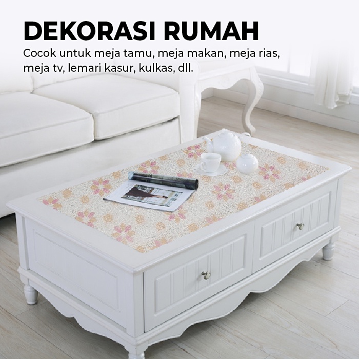 Taplak Meja Meteran Premium Motif Bunga High Quality Elegan PVC Tebal Dekorasi Rumah Ruang Tamu Ruang Makan Import - D21-W - 88Blanketstore