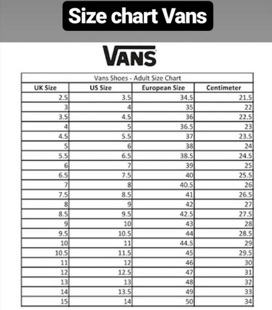 size chart vans cm