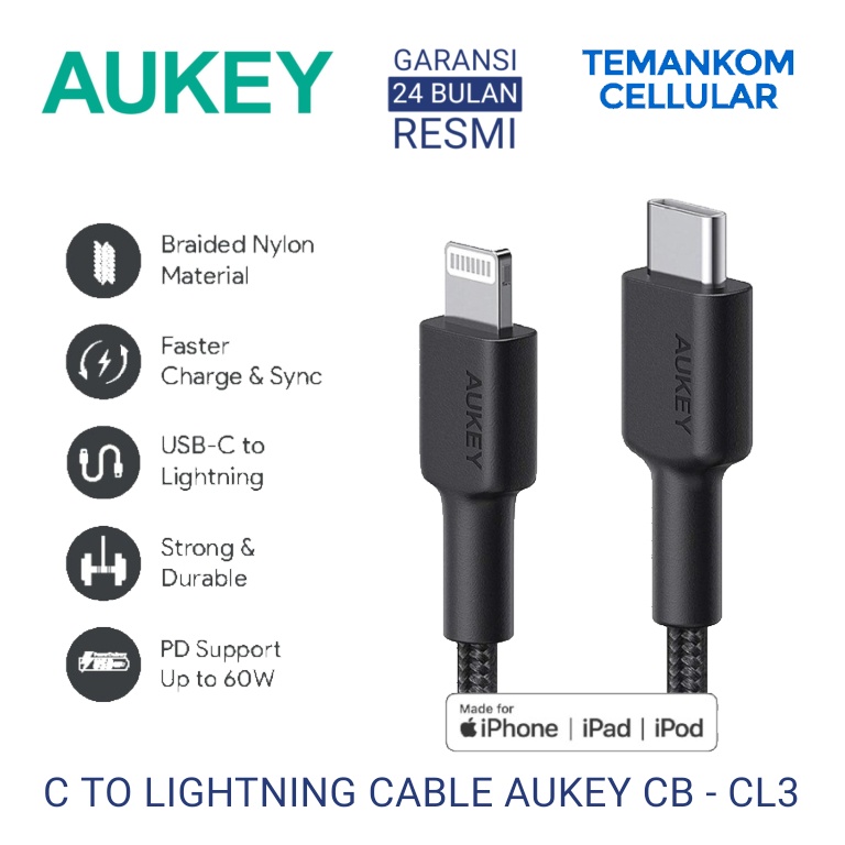 Kabel Aukey iPhone USB C to Lightning Cable CL3 for iphone MFI RESMI