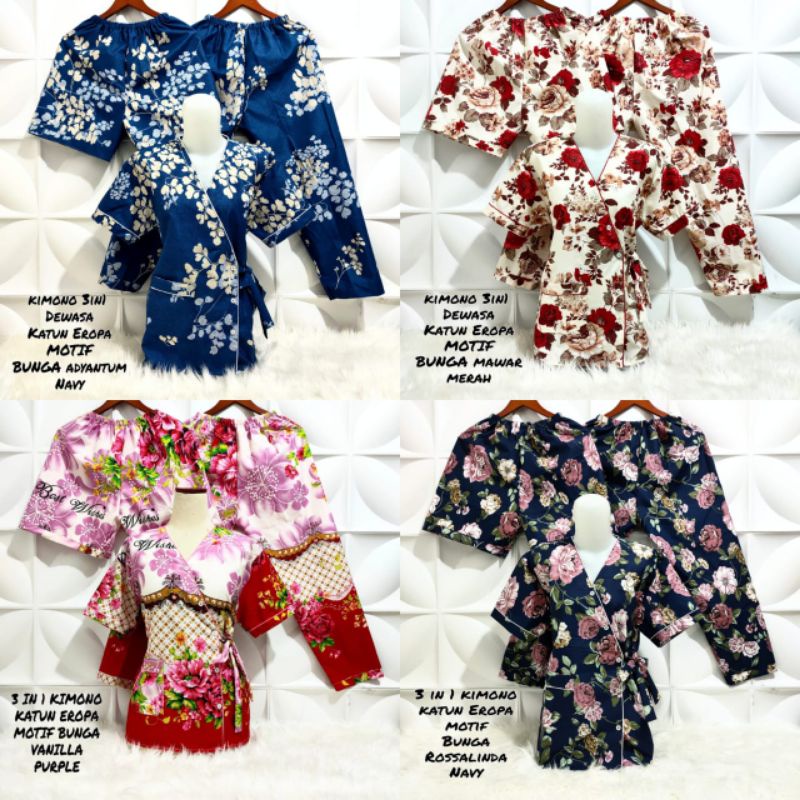 Piyama Kimono 3in1 Dewasa XL LD 108-110cm Motif Bunga