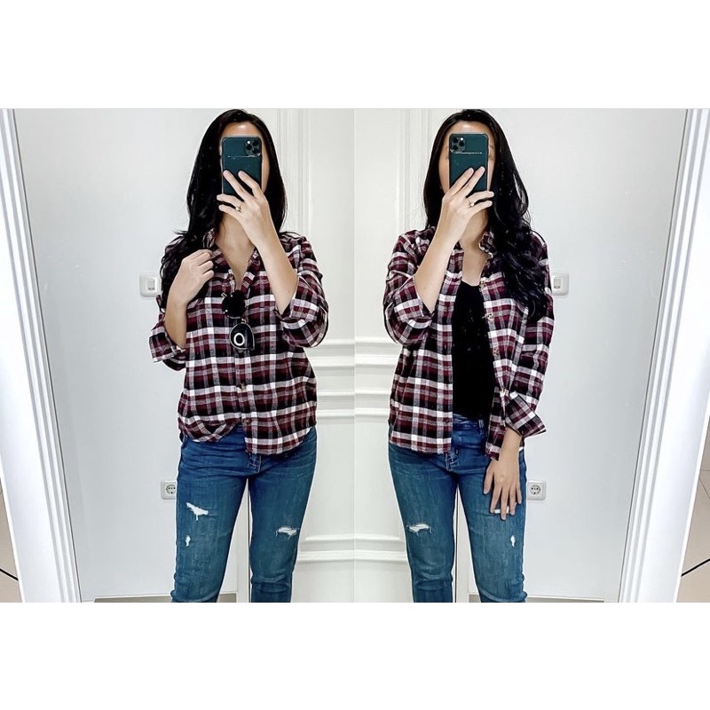 real pic kemeja flanel wanita / kemeja kotak lengan panjang bahan flanel