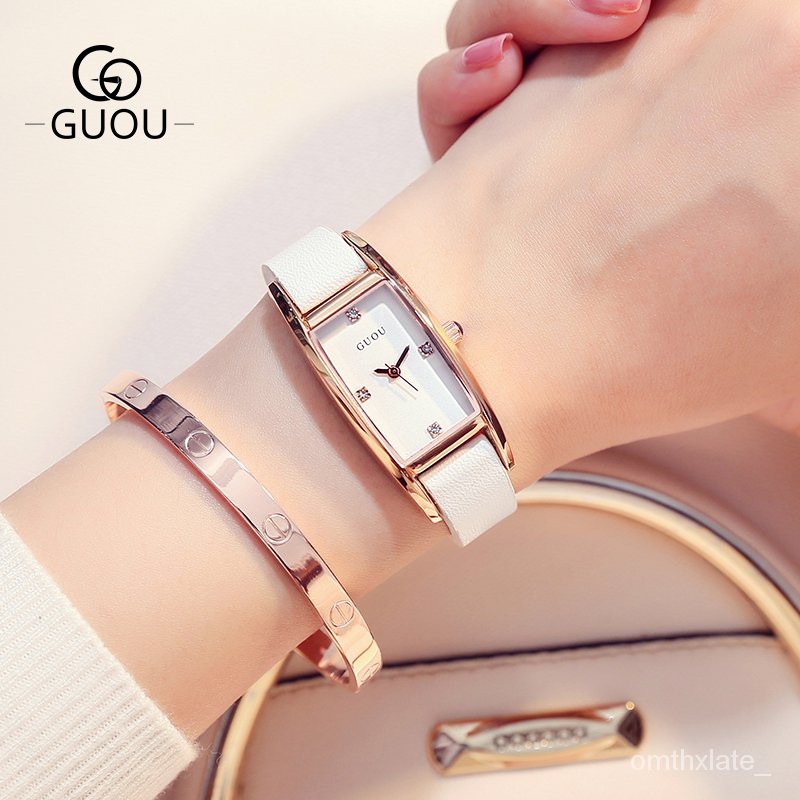 【Factory Outlet】GUOU Square Watch Ladies Waterproof Wristwatches Rhinestone Quartz Watches for Women Leather Strap R