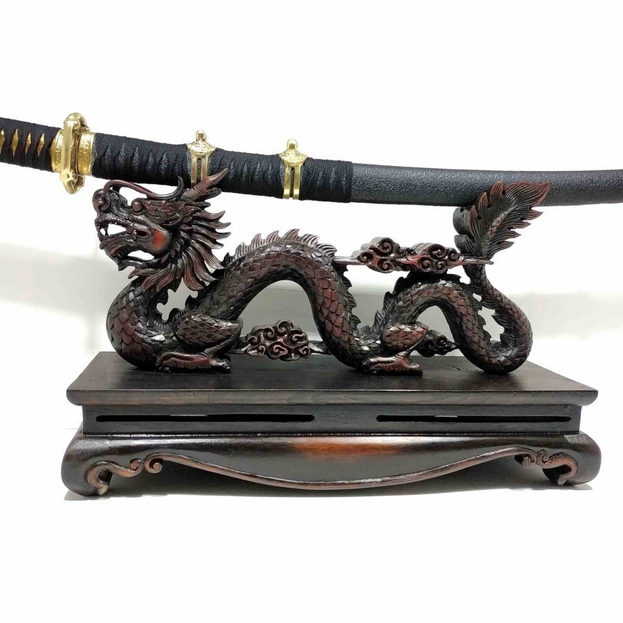 Stand Katana Ukir Naga Liong Finishing Plitur Tempa